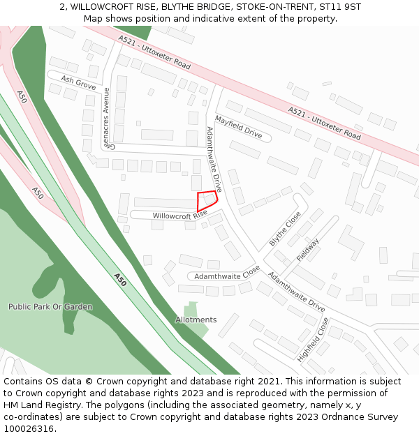 2, WILLOWCROFT RISE, BLYTHE BRIDGE, STOKE-ON-TRENT, ST11 9ST: Location map and indicative extent of plot