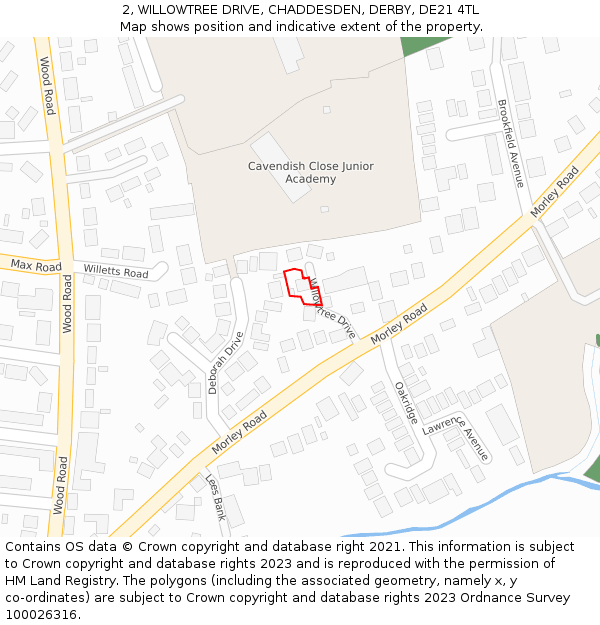 2, WILLOWTREE DRIVE, CHADDESDEN, DERBY, DE21 4TL: Location map and indicative extent of plot