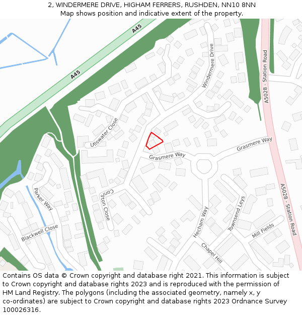 2, WINDERMERE DRIVE, HIGHAM FERRERS, RUSHDEN, NN10 8NN: Location map and indicative extent of plot
