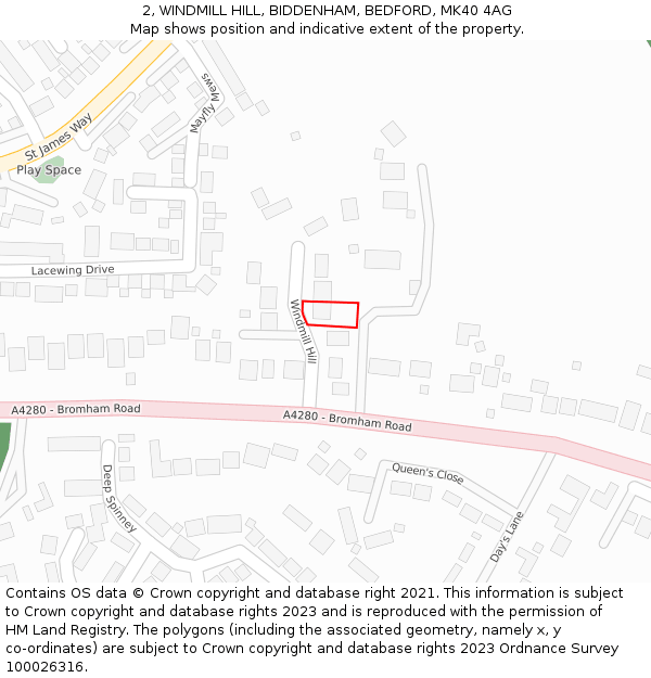 2, WINDMILL HILL, BIDDENHAM, BEDFORD, MK40 4AG: Location map and indicative extent of plot