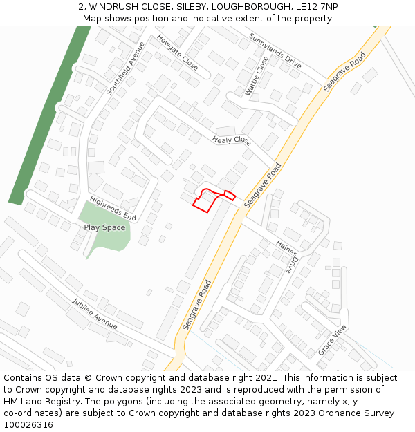 2, WINDRUSH CLOSE, SILEBY, LOUGHBOROUGH, LE12 7NP: Location map and indicative extent of plot