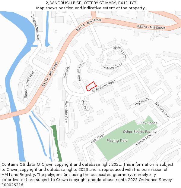 2, WINDRUSH RISE, OTTERY ST MARY, EX11 1YB: Location map and indicative extent of plot