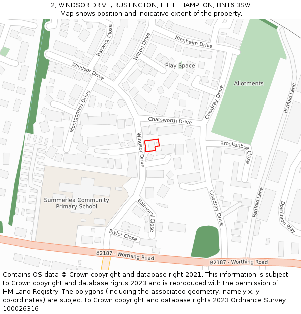 2, WINDSOR DRIVE, RUSTINGTON, LITTLEHAMPTON, BN16 3SW: Location map and indicative extent of plot