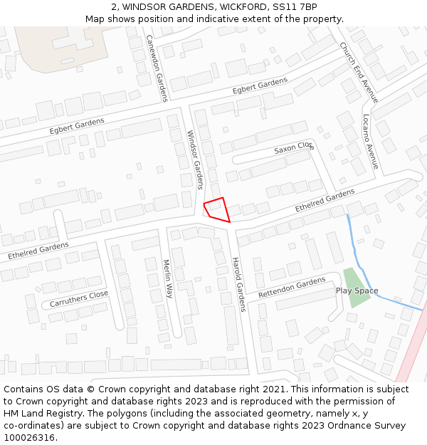 2, WINDSOR GARDENS, WICKFORD, SS11 7BP: Location map and indicative extent of plot