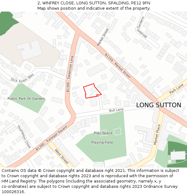 2, WINFREY CLOSE, LONG SUTTON, SPALDING, PE12 9FN: Location map and indicative extent of plot