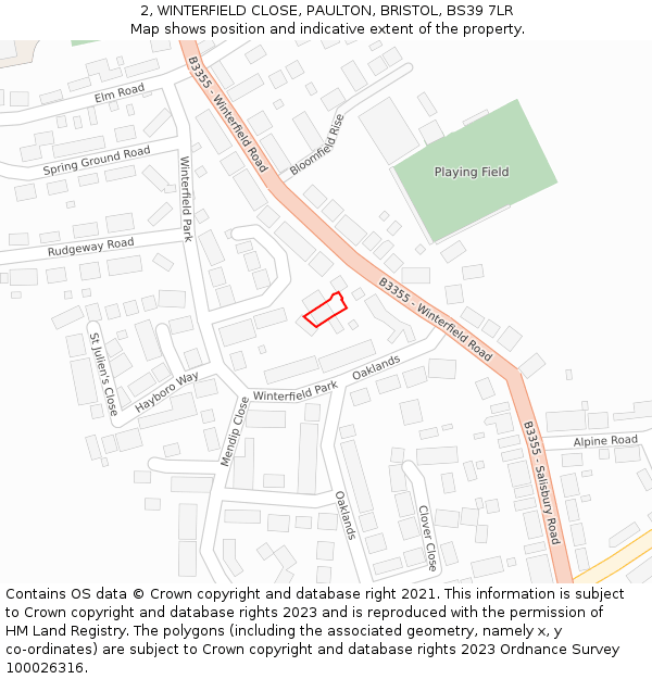 2, WINTERFIELD CLOSE, PAULTON, BRISTOL, BS39 7LR: Location map and indicative extent of plot