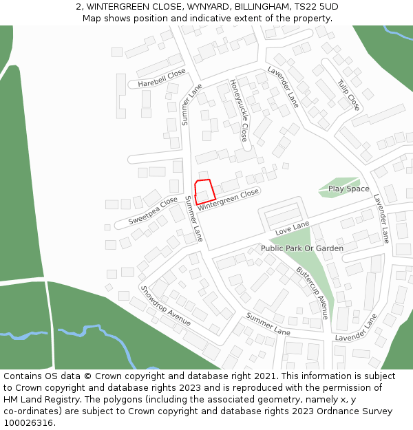 2, WINTERGREEN CLOSE, WYNYARD, BILLINGHAM, TS22 5UD: Location map and indicative extent of plot