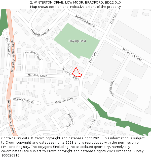 2, WINTERTON DRIVE, LOW MOOR, BRADFORD, BD12 0UX: Location map and indicative extent of plot