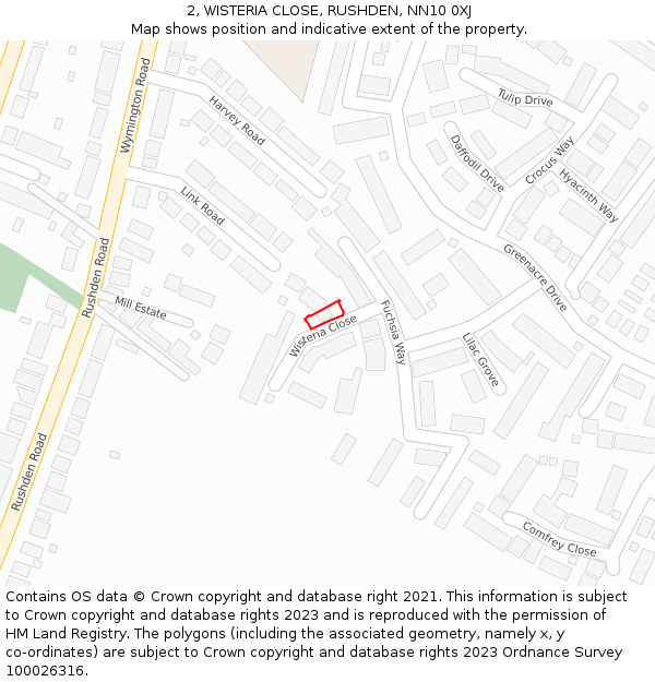2, WISTERIA CLOSE, RUSHDEN, NN10 0XJ: Location map and indicative extent of plot