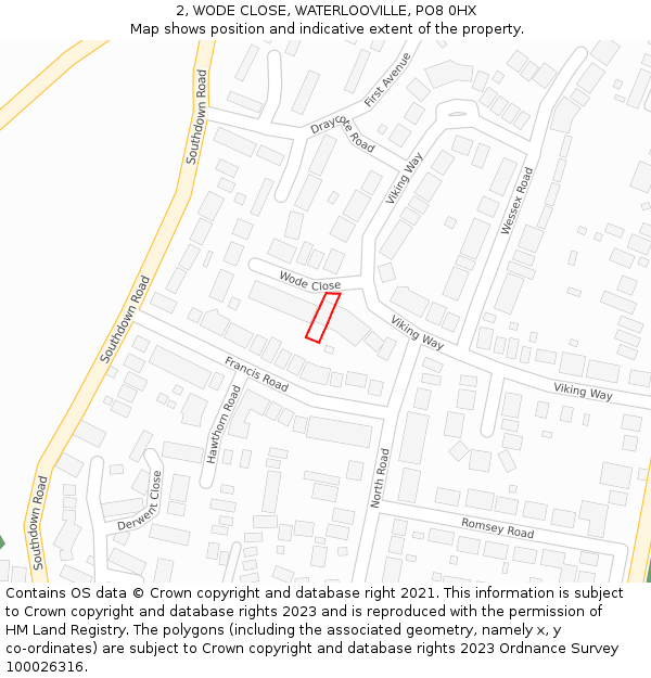 2, WODE CLOSE, WATERLOOVILLE, PO8 0HX: Location map and indicative extent of plot