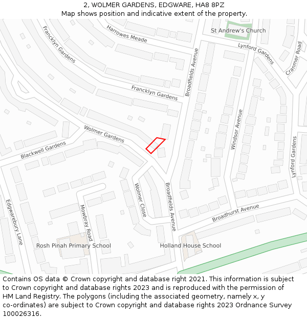 2, WOLMER GARDENS, EDGWARE, HA8 8PZ: Location map and indicative extent of plot