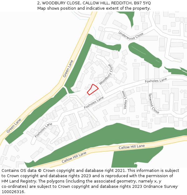 2, WOODBURY CLOSE, CALLOW HILL, REDDITCH, B97 5YQ: Location map and indicative extent of plot