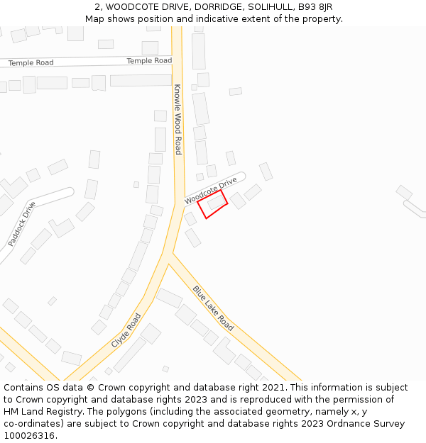 2, WOODCOTE DRIVE, DORRIDGE, SOLIHULL, B93 8JR: Location map and indicative extent of plot