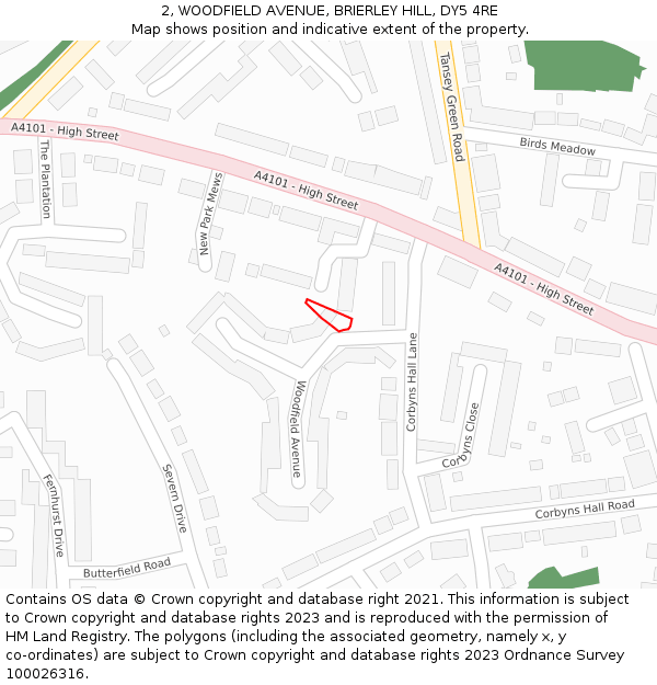 2, WOODFIELD AVENUE, BRIERLEY HILL, DY5 4RE: Location map and indicative extent of plot