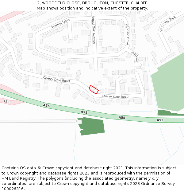 2, WOODFIELD CLOSE, BROUGHTON, CHESTER, CH4 0FE: Location map and indicative extent of plot