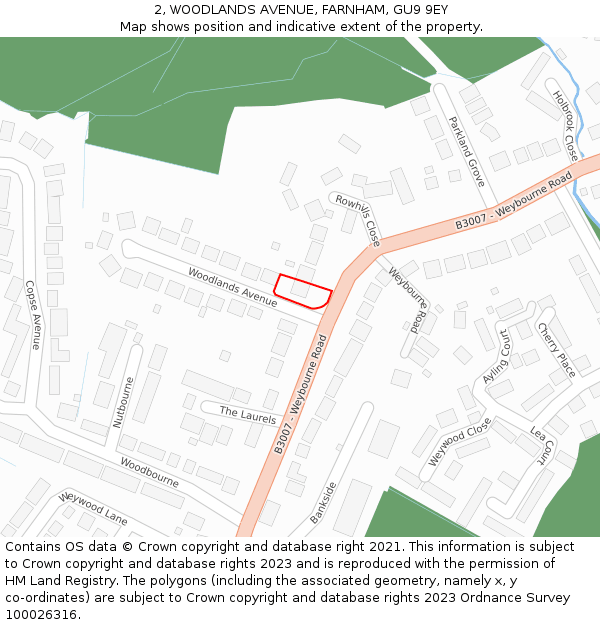 2, WOODLANDS AVENUE, FARNHAM, GU9 9EY: Location map and indicative extent of plot