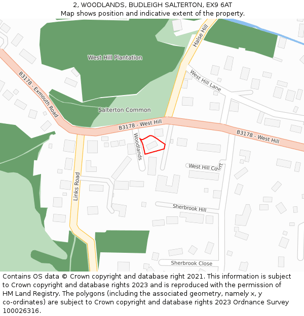 2, WOODLANDS, BUDLEIGH SALTERTON, EX9 6AT: Location map and indicative extent of plot