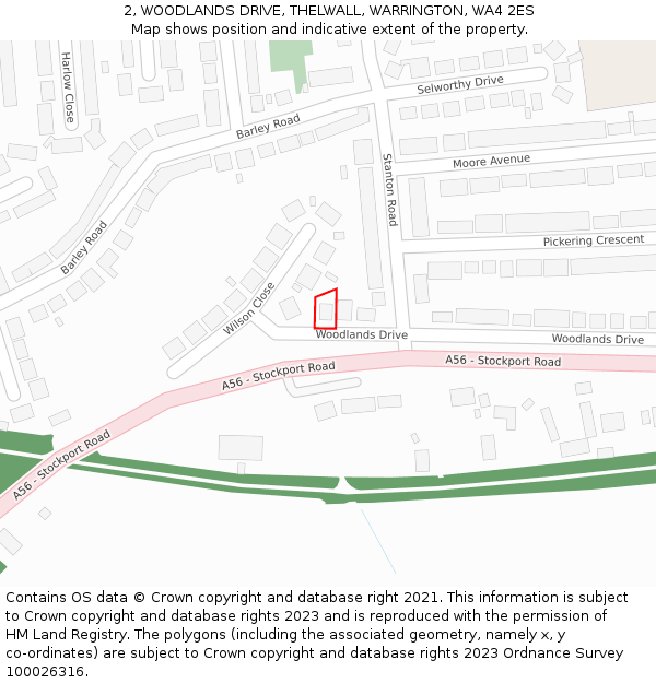 2, WOODLANDS DRIVE, THELWALL, WARRINGTON, WA4 2ES: Location map and indicative extent of plot