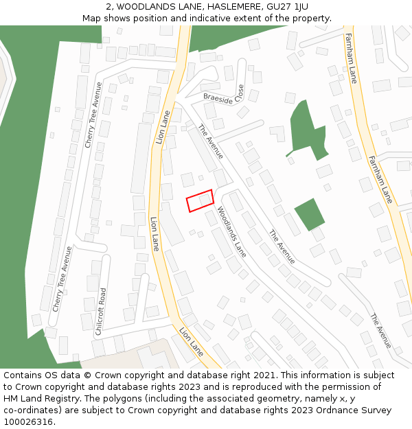 2, WOODLANDS LANE, HASLEMERE, GU27 1JU: Location map and indicative extent of plot