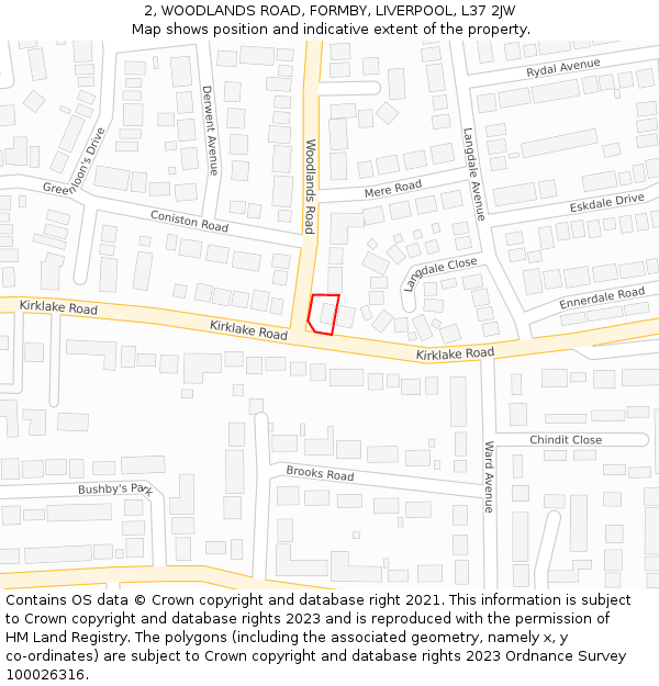 2, WOODLANDS ROAD, FORMBY, LIVERPOOL, L37 2JW: Location map and indicative extent of plot