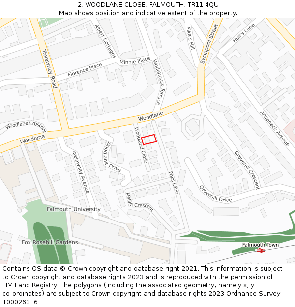 2, WOODLANE CLOSE, FALMOUTH, TR11 4QU: Location map and indicative extent of plot