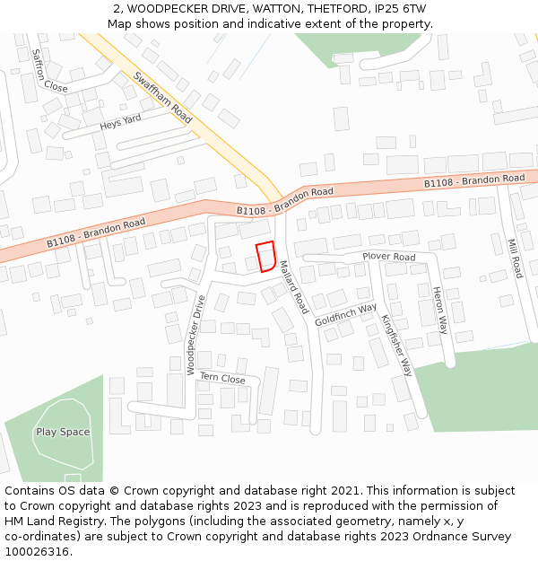 2, WOODPECKER DRIVE, WATTON, THETFORD, IP25 6TW: Location map and indicative extent of plot