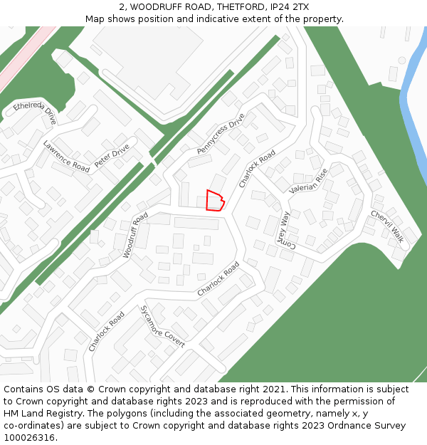 2, WOODRUFF ROAD, THETFORD, IP24 2TX: Location map and indicative extent of plot