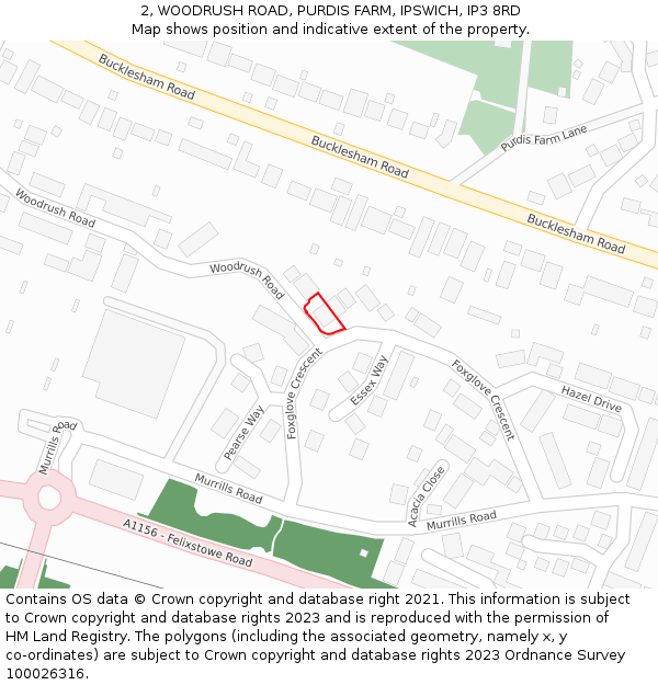 2, WOODRUSH ROAD, PURDIS FARM, IPSWICH, IP3 8RD: Location map and indicative extent of plot