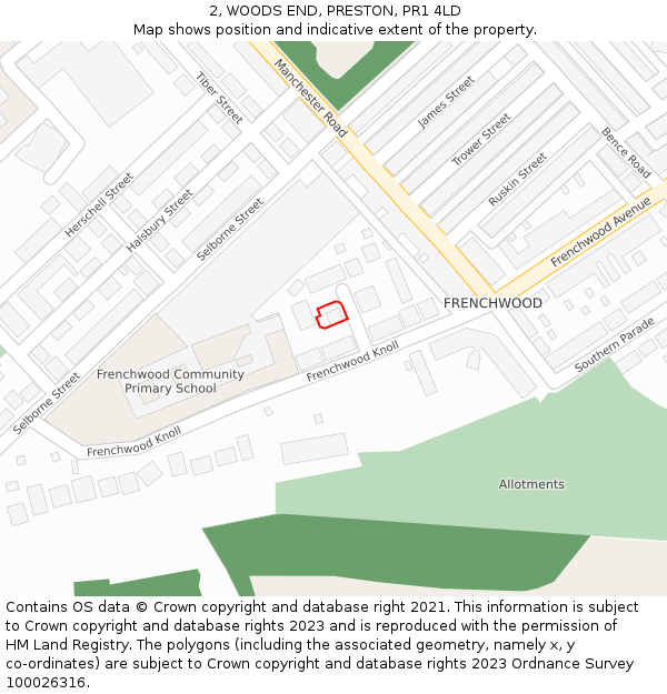 2, WOODS END, PRESTON, PR1 4LD: Location map and indicative extent of plot