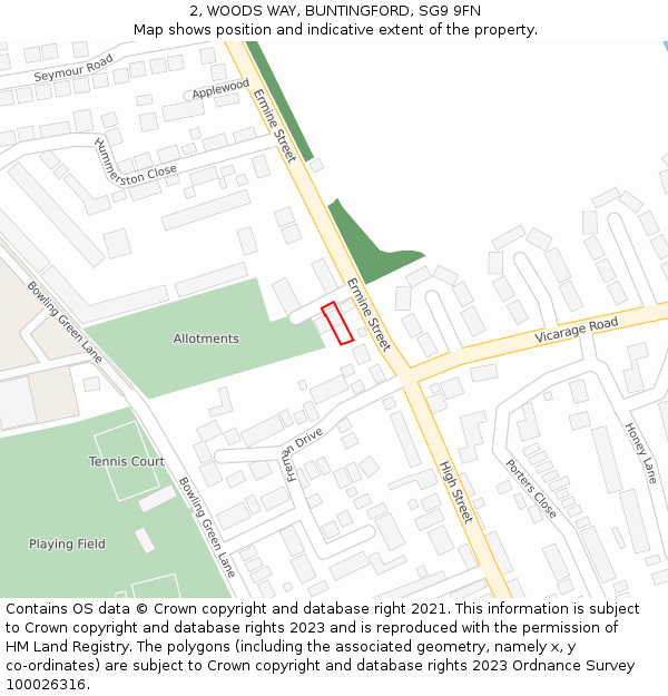 2, WOODS WAY, BUNTINGFORD, SG9 9FN: Location map and indicative extent of plot
