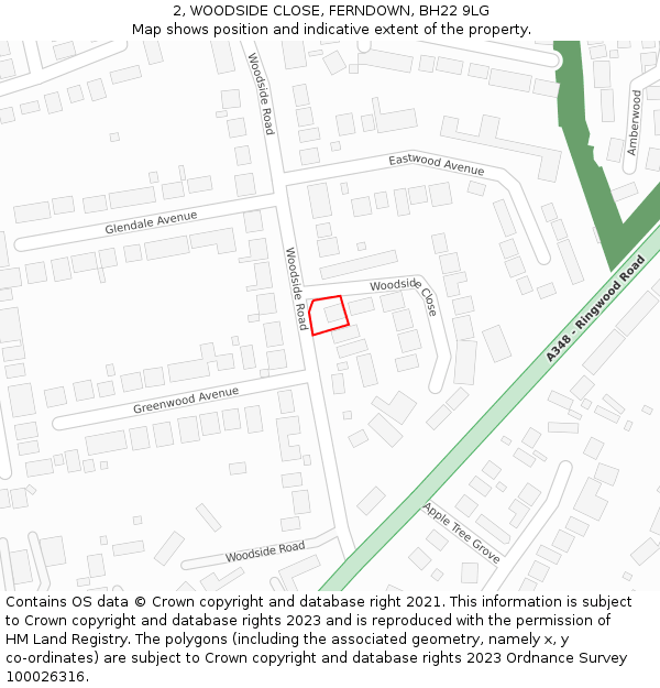 2, WOODSIDE CLOSE, FERNDOWN, BH22 9LG: Location map and indicative extent of plot