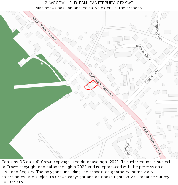 2, WOODVILLE, BLEAN, CANTERBURY, CT2 9WD: Location map and indicative extent of plot