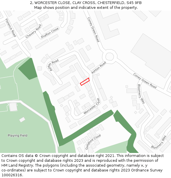 2, WORCESTER CLOSE, CLAY CROSS, CHESTERFIELD, S45 9FB: Location map and indicative extent of plot