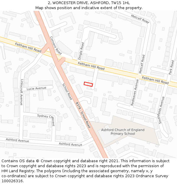 2, WORCESTER DRIVE, ASHFORD, TW15 1HL: Location map and indicative extent of plot