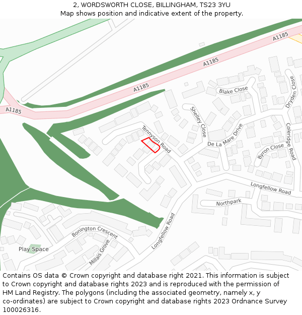 2, WORDSWORTH CLOSE, BILLINGHAM, TS23 3YU: Location map and indicative extent of plot