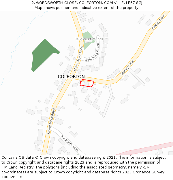 2, WORDSWORTH CLOSE, COLEORTON, COALVILLE, LE67 8GJ: Location map and indicative extent of plot