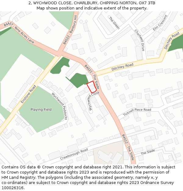 2, WYCHWOOD CLOSE, CHARLBURY, CHIPPING NORTON, OX7 3TB: Location map and indicative extent of plot