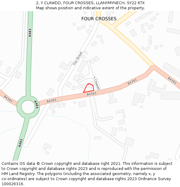 2, Y CLAWDD, FOUR CROSSES, LLANYMYNECH, SY22 6TX: Location map and indicative extent of plot