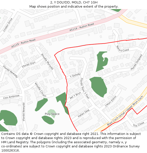 2, Y DOLYDD, MOLD, CH7 1GH: Location map and indicative extent of plot