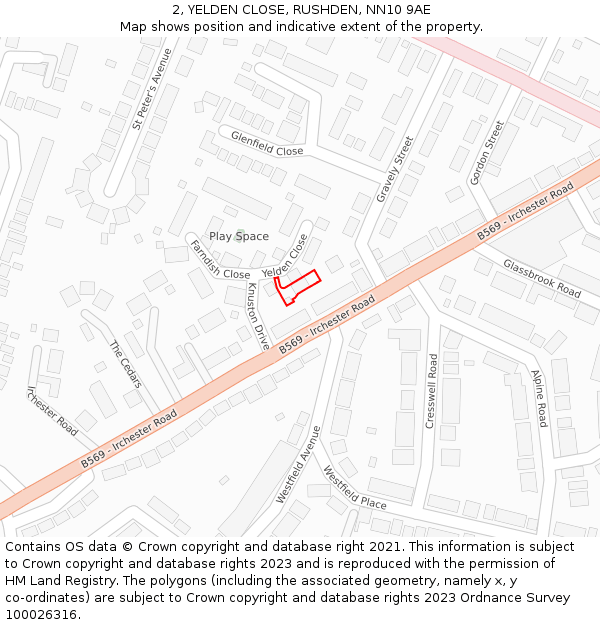 2, YELDEN CLOSE, RUSHDEN, NN10 9AE: Location map and indicative extent of plot