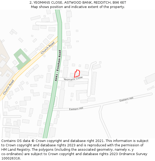 2, YEOMANS CLOSE, ASTWOOD BANK, REDDITCH, B96 6ET: Location map and indicative extent of plot