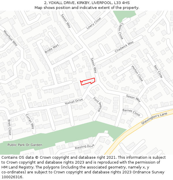 2, YOXALL DRIVE, KIRKBY, LIVERPOOL, L33 4HS: Location map and indicative extent of plot