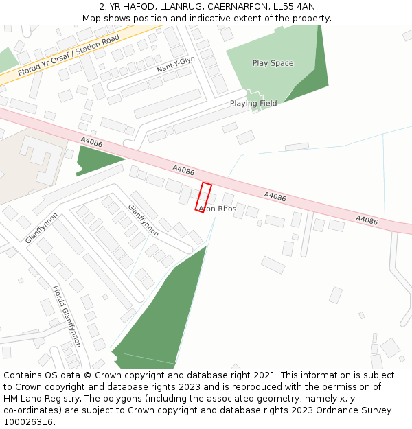 2, YR HAFOD, LLANRUG, CAERNARFON, LL55 4AN: Location map and indicative extent of plot