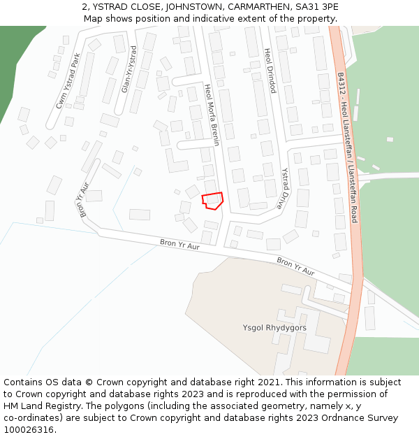 2, YSTRAD CLOSE, JOHNSTOWN, CARMARTHEN, SA31 3PE: Location map and indicative extent of plot