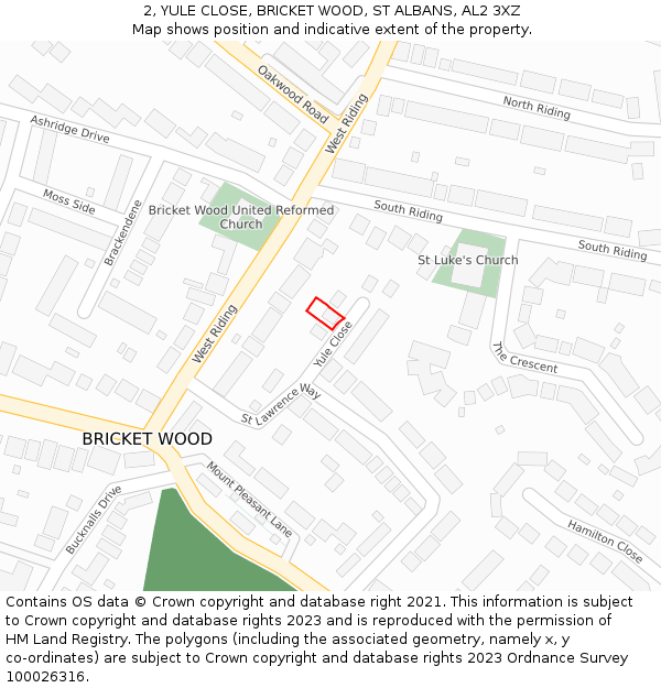 2, YULE CLOSE, BRICKET WOOD, ST ALBANS, AL2 3XZ: Location map and indicative extent of plot