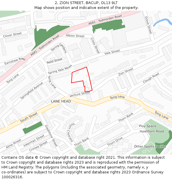 2, ZION STREET, BACUP, OL13 9LT: Location map and indicative extent of plot