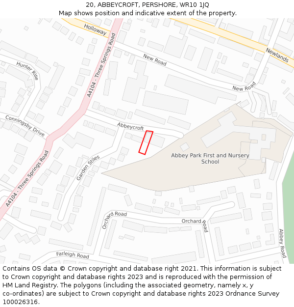 20, ABBEYCROFT, PERSHORE, WR10 1JQ: Location map and indicative extent of plot