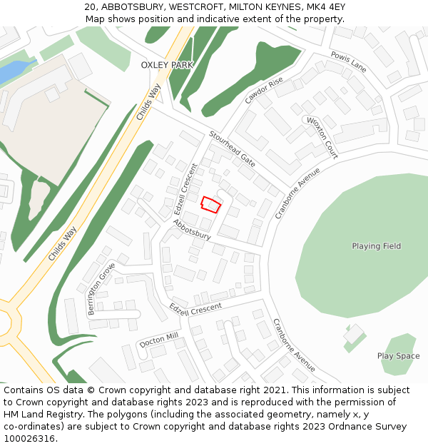 20, ABBOTSBURY, WESTCROFT, MILTON KEYNES, MK4 4EY: Location map and indicative extent of plot