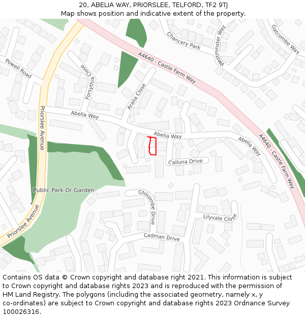 20, ABELIA WAY, PRIORSLEE, TELFORD, TF2 9TJ: Location map and indicative extent of plot