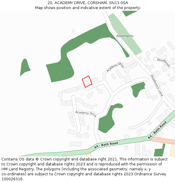 20, ACADEMY DRIVE, CORSHAM, SN13 0SA: Location map and indicative extent of plot